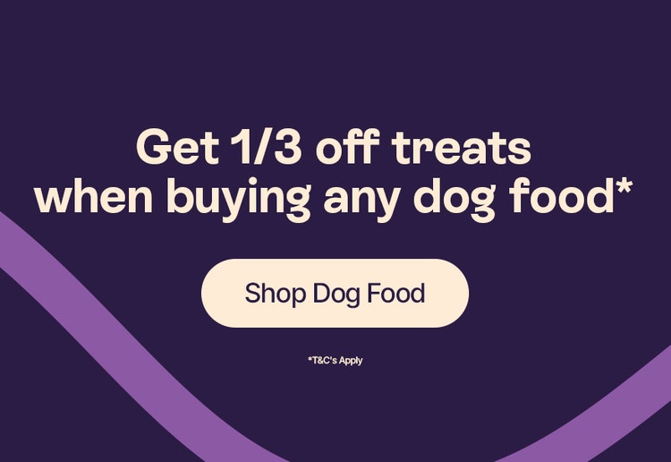 Get 1/3 off treats when buying any dog food* Shop Dog Food