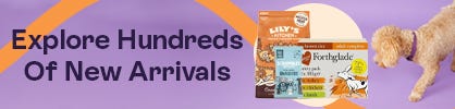 A banner depicting a dog and a caption that reads 'Explore Hundreds of New Arrivals'
