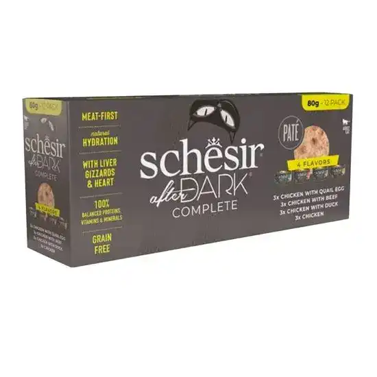 Schesir After Dark Complete Adult Wet Cat Food Pate Variety Pack 12 x 80g Tins 16873