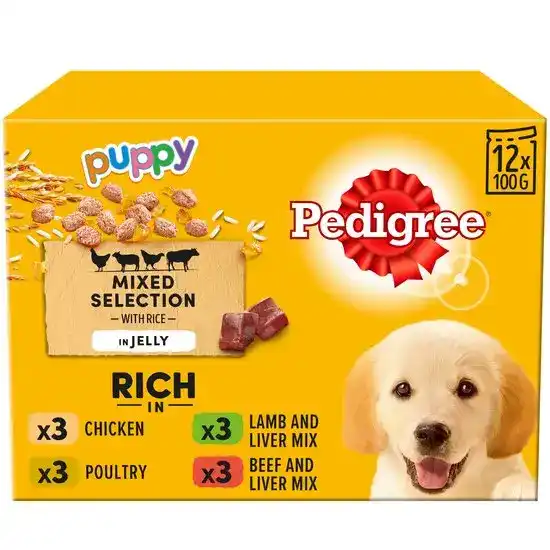 Pedigree Puppy Wet Dog Food Mixed Selection with Rice in Jelly 12 x 100g Pouches 16178