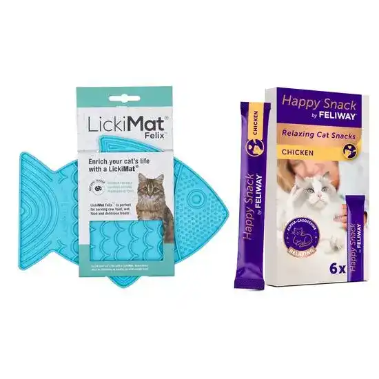 Cat Calming Bundle: LickiMat Felix Slow Feeder & Happy Snack Chicken Treats 19561