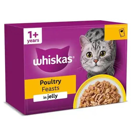 Whiskas 1+ Adult Wet Cat Food Poultry Feasts in Jelly 85g Pouches 17946