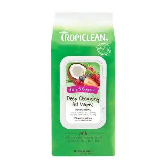 TropiClean Deep Cleaning Deodorising Pet Wipes for Cats and Dogs Berry and Coconut 100 Pack 2117