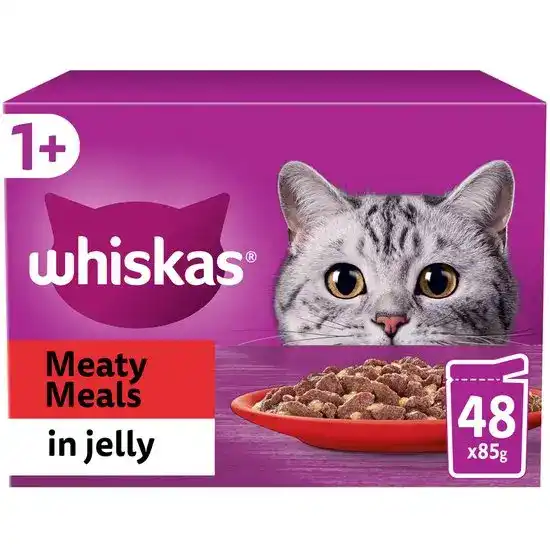 Whiskas 1+ Adult Wet Cat Food Meaty Meals in Jelly 48 x 85g Pouches 17947