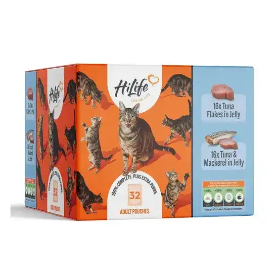 HiLife It's Only Natural Adult Wet Cat Food Multipack with Tuna & Tuna & Mackerel in Jelly 32 x 70g Pouches 18132