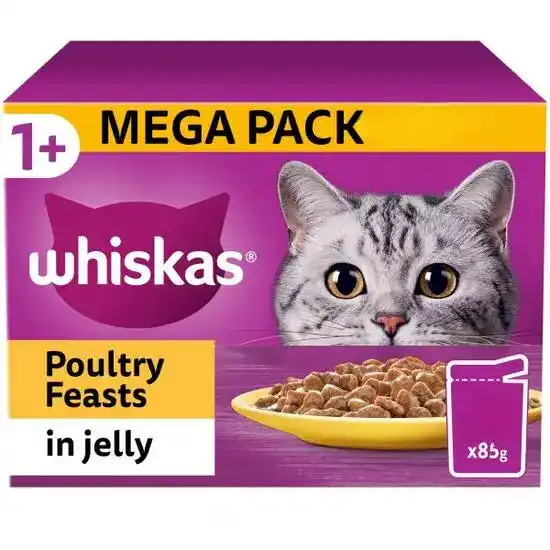 Whiskas 1+ Adult Wet Cat Food Poultry Feasts in Jelly 85g Pouches 17946