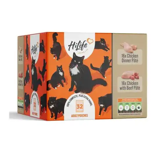 HiLife It's Only Natural Adult Wet Cat Food Multipack with Chicken Dinner & Chicken with Beef Pate 32 x 70g Pouches 18129