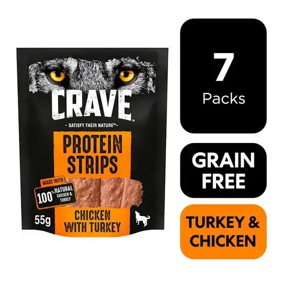 CRAVE Protein Strips Grain-Free Dog Treats with Chicken & Turkey 7 x 55g 16282