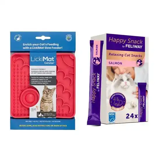 Cat Calming Bundle: LickiMat Catster Slow Feeder & Happy Snack Salmon Treats 19560