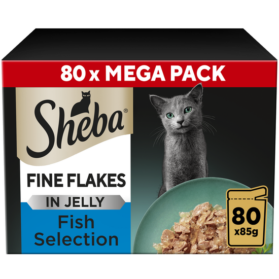 Sheba Fine Flakes Adult Wet Cat Food Fish Collection in Jelly 80 x 85g Pouches 17978