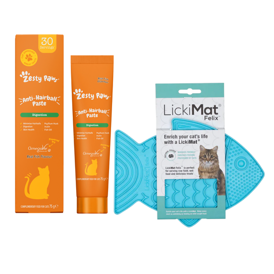Cat Slow Feeder Bundle: LickiMat Classic Felix Slow Feeder & Zesty Paws Anti-Hai 19257