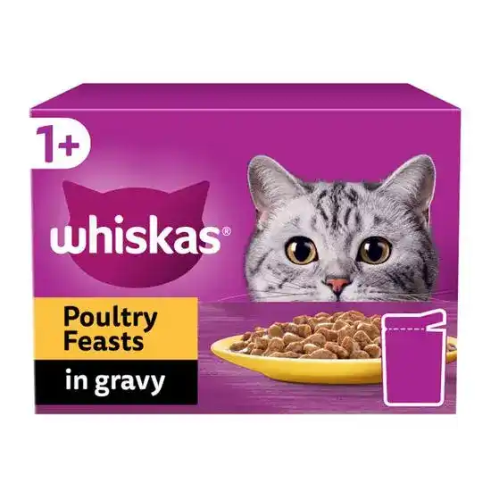 Whiskas 1+ Adult Wet Cat Food Poultry Feasts in Gravy 85g Pouches 18406