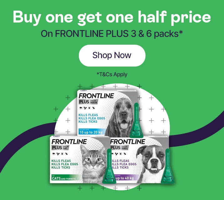 Buy one get one half price on Frontline Plus 3 & 6 packs*