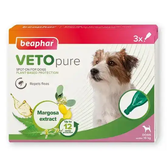 Beaphar VETOpure Plant-Based Flea Spot-On Protection for Dogs Under 15kg 3 Pipettes 18181
