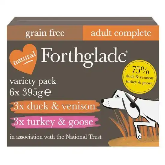 Forthglade Grain Free Complete Adult Wet Dog Food Turkey & Goose and Duck & Venison Variety Pack 6 x 395g Trays 17624