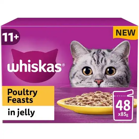 Whiskas 11+ Senior Wet Cat Food Poultry Feasts in Jelly 48 x 85g Pouches 17942