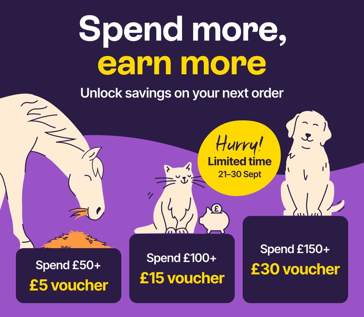 Spend more, earn more - Unlock savings on next order. Spend £50+ £5 voucher. Spend £100+ £15 voucher. Spend £150+ £30 voucher