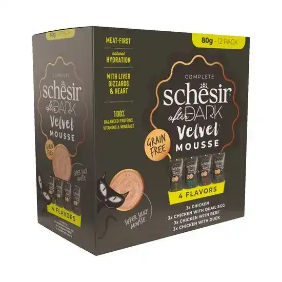 Schesir After Dark Velvet Complete Adult Wet Cat Food Mousse Variety Pack 12 x 80g Pouches 16872