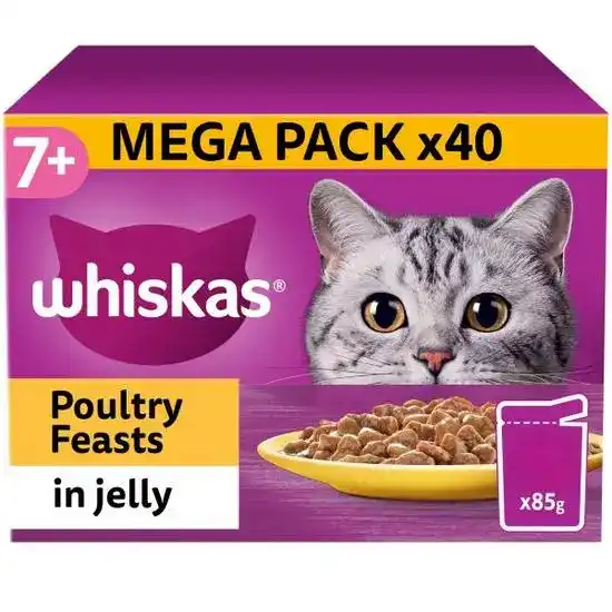 Whiskas 7+ Senior Wet Cat Food Poultry Feasts in Jelly 85g Pouches 17938