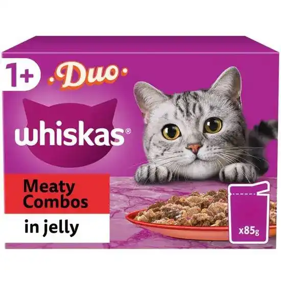Whiskas 1+ Adult Wet Cat Food Duo Meaty Combos in Jelly 85g Pouches 18409