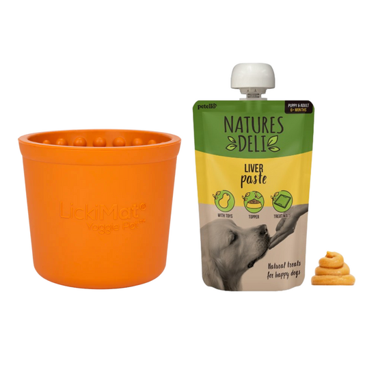 Dog Slow Feeder Bundle: LickiMat Yoggie Pot & Natures Deli Liver Treat Paste 19256