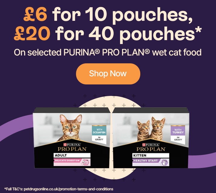 £6 for 10 pouches, £20 for 40 pouches* On selected Purina Pro Plan wet cat food