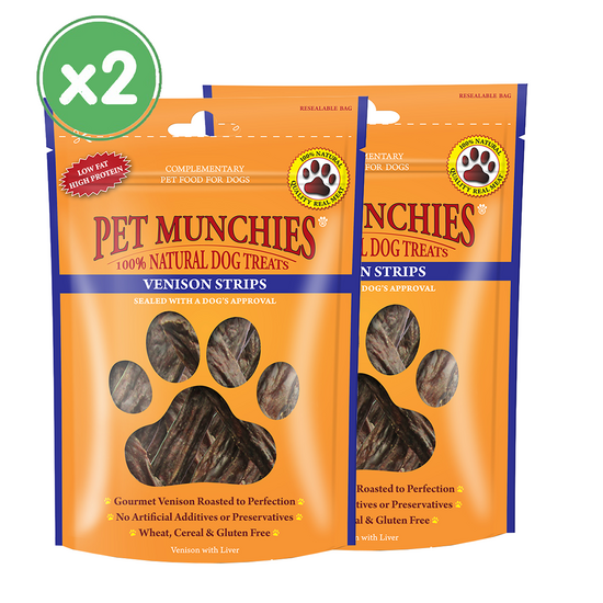 Pet Munchies 100% Natural Venison Strips Dog Treats 2 x 75g 10687