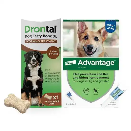 Dogs 25kg-35kg: 3-Month Advantage Spot-On Flea Treatment with Drontal Tablet Worm Treatment 15742