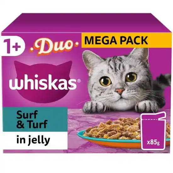Whiskas 1+ Adult Wet Cat Food Duo Surf & Turf in Jelly 85g Pouches 17951