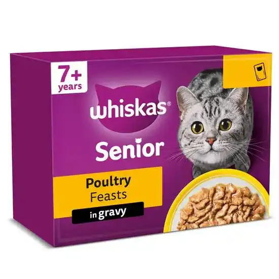 Whiskas 7+ Senior Wet Cat Food Poultry Feasts in Gravy 85g Pouches 18394
