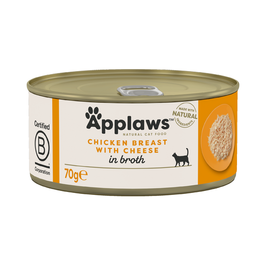 Applaws Natural Adult Wet Cat Food Chicken Breast with Cheese in Broth 24 x 70g Tins 16359
