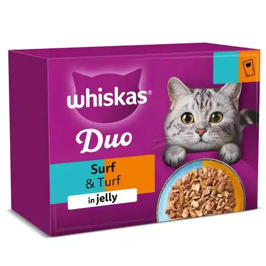 Whiskas 1+ Adult Wet Cat Food Duo Surf & Turf in Jelly 85g Pouches 17951
