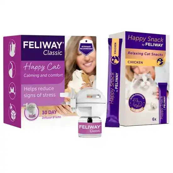 FELIWAY Calming Bundle for Cats: 30-Day Classic Diffuser Starter Pack & Happy Sn 18999