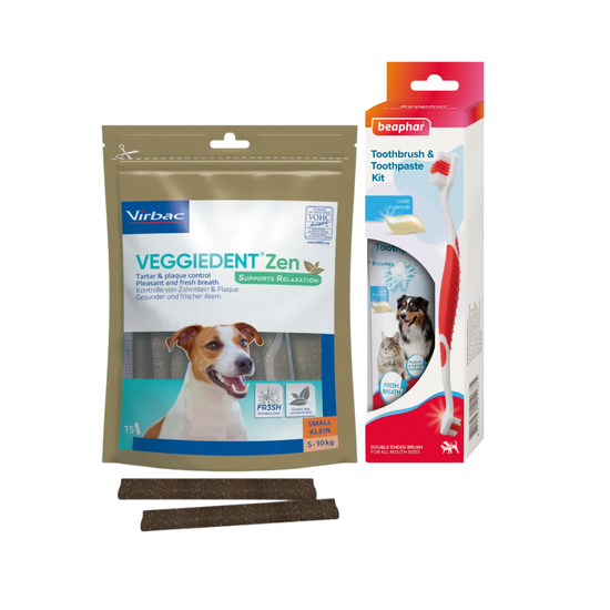Small Dog Dental Bundle: Beaphar Toothbrush Kit & VeggieDent Zen Dental Chews 19415