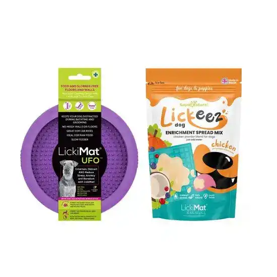 LickiMat Dog Calming Bundle: UFO Slow Feeder & Lickeez Chicken Enrichment Spread 19558