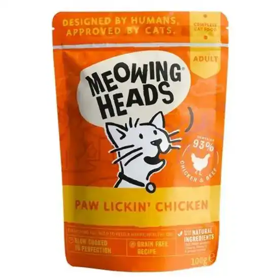 Meowing Heads Grain Free Paw Lickin' Chicken Adult Wet Cat Food 10 x 100g Pouches 18096