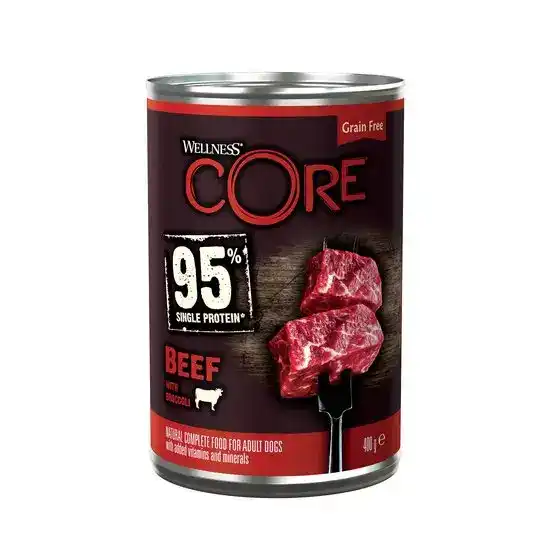 Wellness Core Grain Free 95% Single Protein Adult Wet Dog Food with Beef & Broccoli 400g Cans 17022