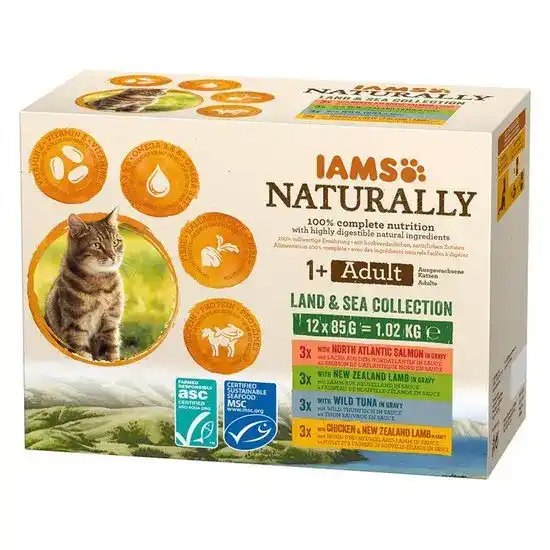 Iams Naturally Adult Wet Cat Food Land & Sea Collection in Gravy 12 x 85g Pouches 10662