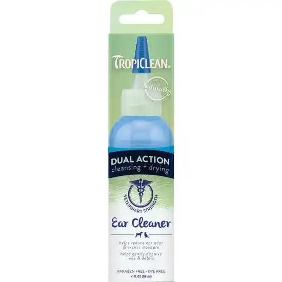 TropiClean Dual Action Cleansing + Drying Ear Cleaner for Cats and Dogs 118ml Bottle 2151