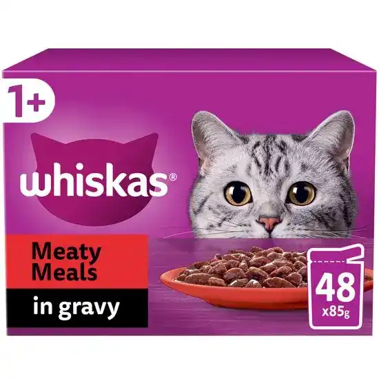 Whiskas 1+ Adult Wet Cat Food Meaty Meals in Gravy 48 x 85g Pouches 17949