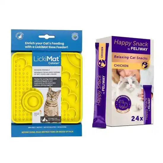 Cat Calming Bundle: LickiMat Catster Slow Feeder & Happy Snack Chicken Treats 19559