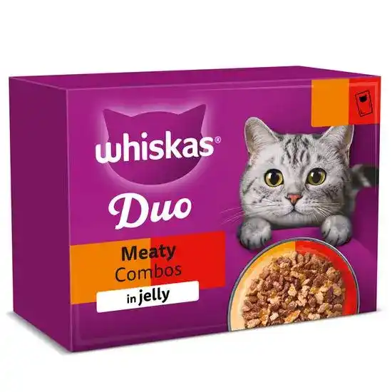 Whiskas 1+ Adult Wet Cat Food Duo Meaty Combos in Jelly 85g Pouches 18409