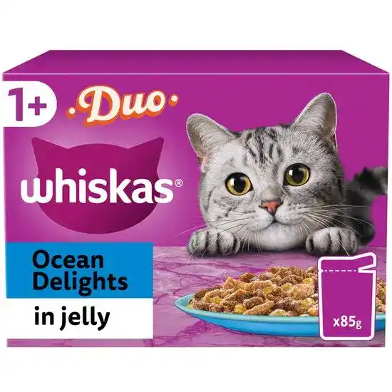 Whiskas 1+ Adult Wet Cat Food Duo Ocean Delights in Jelly 85g Pouches 18408