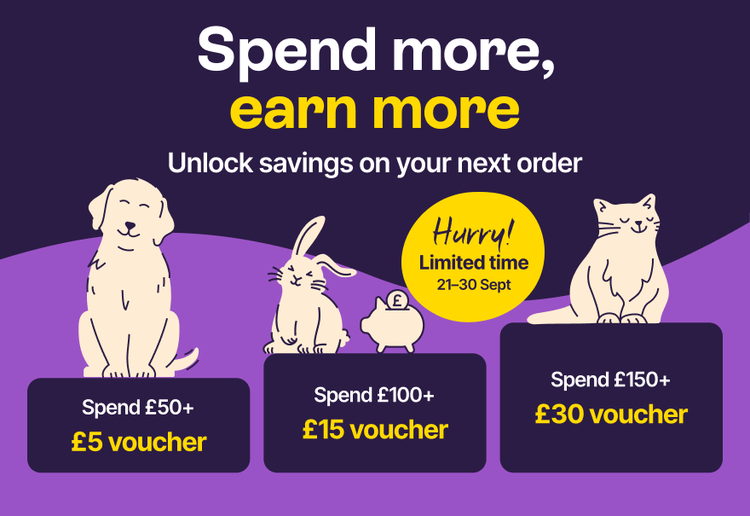 Spend more earn more - Spend £50+ £5 voucher. Spend £100+ £15 voucher. Spend £150+ £30 voucher