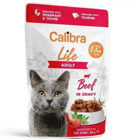 Calibra Life Adult Wet Cat Food Beef in Gravy 28 x 85g Pouches 16903
