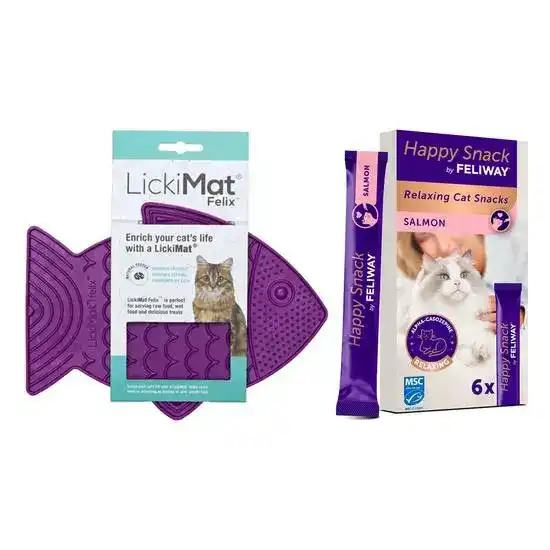 Cat Calming Bundle: LickiMat Felix Slow Feeder & Happy Snack Salmon Treats 19562