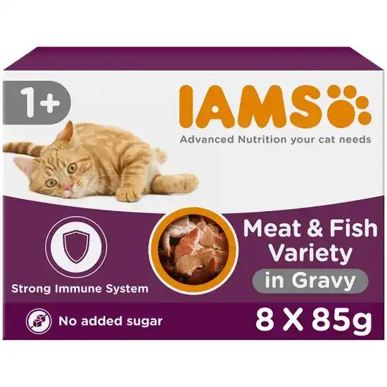 Iams Adult Wet Cat Food Land & Sea Collection in Gravy 8 x 85g Pouches 18136
