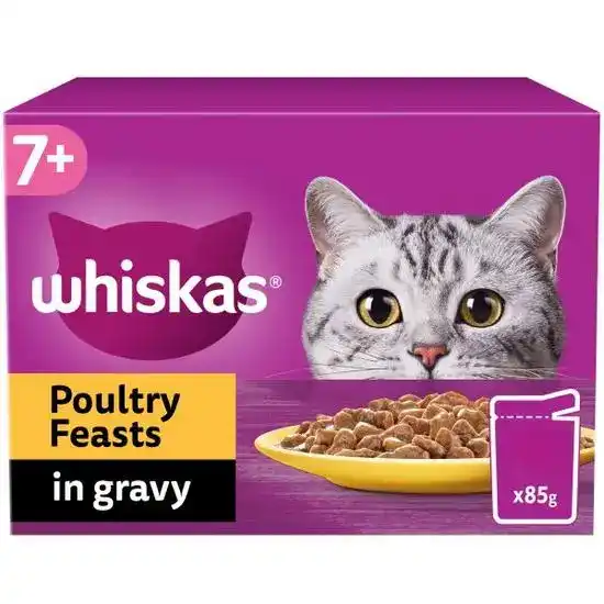 Whiskas 7+ Senior Wet Cat Food Poultry Feasts in Gravy 85g Pouches 18394