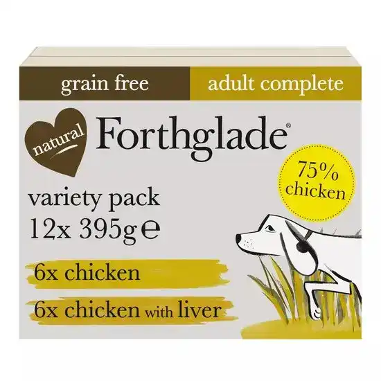 Forthglade Grain Free Complete Adult Wet Dog Food Chicken & Chicken Liver Variety Pack 12 x 395g Trays 17555