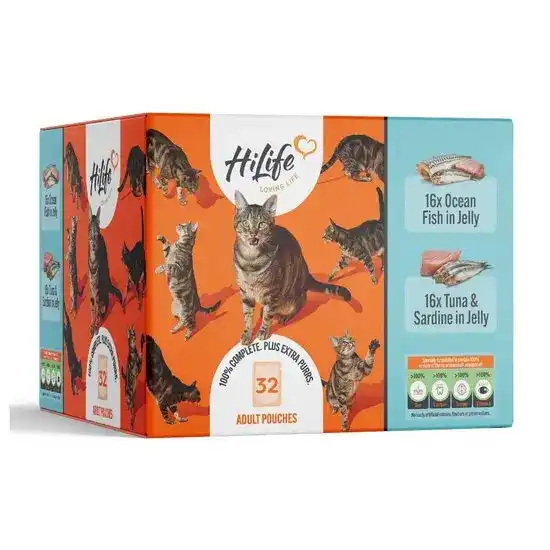 HiLife It's Only Natural Adult Wet Cat Food Multipack with Ocean Fish & Tuna with Sardines in Jelly 32 x 70g Pouches 18131